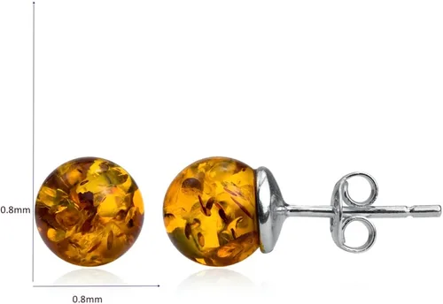 Vista 3 de Aretes pequeños de bola de ámbar miel y plata de ley, 0.315 in