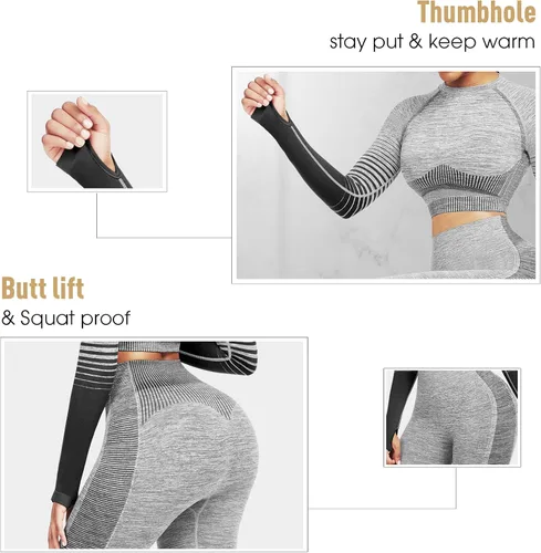 Vista 4 de JOYMODE - Conjunto de entrenamiento para mujer, diseño de 2 piezas con leggings de tiro alto sin costuras y camiseta corta , para yoga
