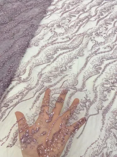 Vista 2 de Tela de encaje africano bordada con lentejuelas, con cuentas de artesanía pesadas y brillo floral, de tul francés, para vestido con cola, 4,5 Negro