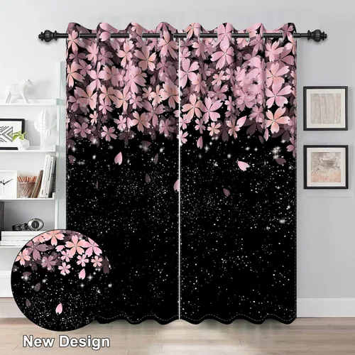 Vista 2 de Renaiss Pink Cherry Patels - Cortinas opacas con aislamiento térmico de flores de cerezo japonés, cortinas de ventana de dormitorio con estampado