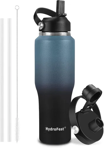 Vista 9 de Botella de agua de 32 onzas aislada con popote, botellas de agua a prueba de fugas, botella de agua para hombre, acero inoxidable para gimnasio