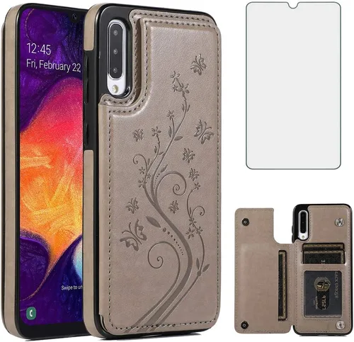 Vista 8 de Funda de teléfono para Samsung Galaxy A50 con protector de pantalla de vidrio templado y tarjetero con soporte para tarjetero, accesorios de cuero