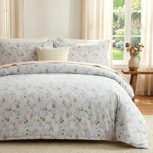 Vista 13 de Juego de edredón floral azul tamaño Queen, juego de ropa de cama botánica azul 100% algodón, edredón suave transpirable de 3 piezas y 2 fundas