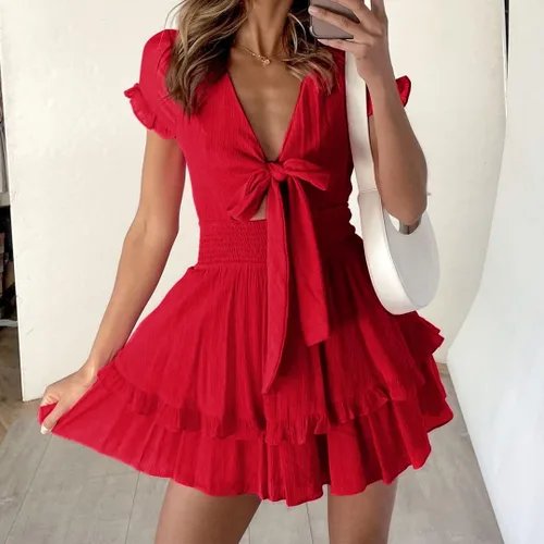 Vista 2 de PRETTYGARDEN - Mini vestido de verano con vuelo para mujer. Vestido corto acampanado con cuello en V y manga corta con volantes en la parte delantera