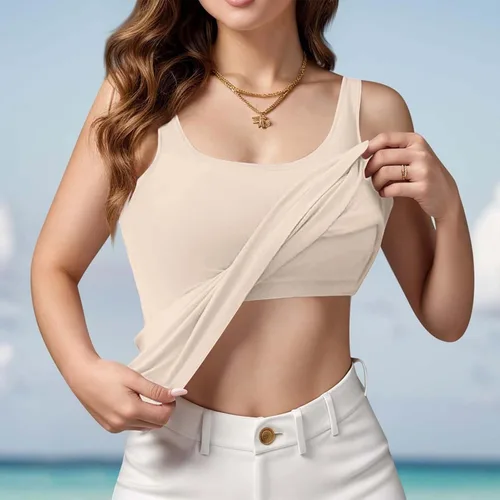 Vista 6 de Camiseta sin mangas con brasier integrado para mujer, sin mangas, correa ancha, ropa de dormir básica, para entrenamiento, yoga, camisola acolchada