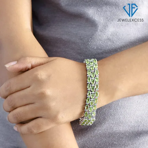 Vista 2 de JEWELEXCESS Pulsera de peridoto para mujer Genuina, joyería de peridoto verde de tres filas Pulseras de plata de ley 925 Pulsera de piedra natal