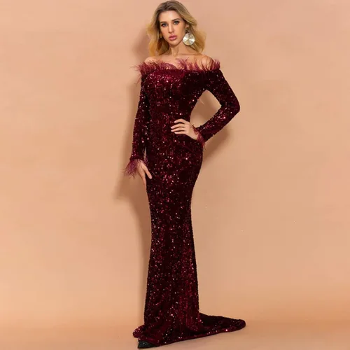 Vista 4 de Vestido de noche para mujer largo hasta el suelo sin hombros sin espalda de manga larga con plumas y lentejuelas para fiestas y matrimonios