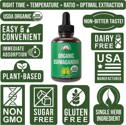 Vista 7 de Gotas líquidas de Ashwagandha. Suplemento vegano orgánico del USDA. Extracto de raíz de ashwagandha extra fuerte para mujeres, hombres y niños.