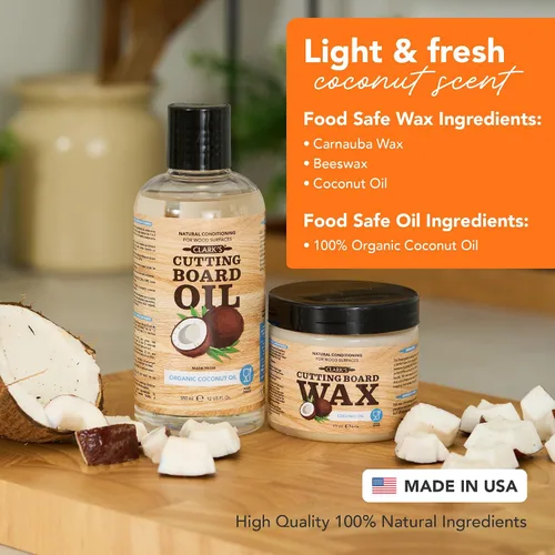Vista 2 de CLARK'S Kit de cuidado de tabla de cortar con aceite de coco, incluye aceite de bloque de carnicero y cera, fabricado con aceite de coco refinado