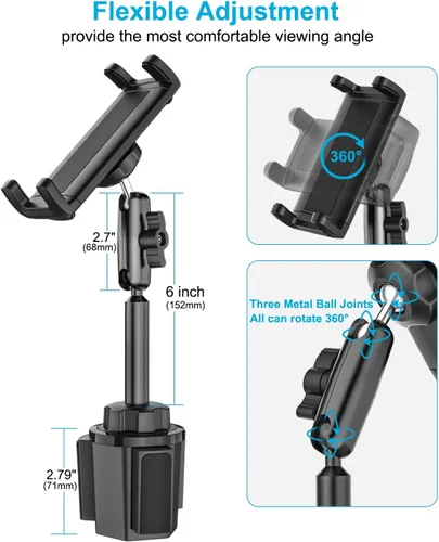 Vista 2 de Soporte para tablet para camión, soporte de aluminio resistente de 360° Fits Vehicle Cupholders 2.6"–3.94" in Diameter, Cup Holder Stand for iPad