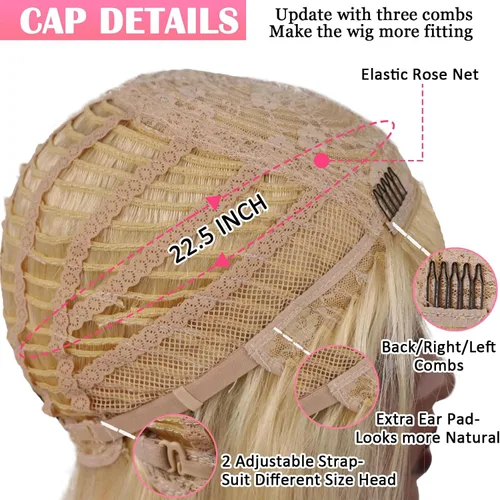 Vista 3 de Peluca de cabello humano lacio rubio 613 de 15 pulgadas con flequillo, sin pegamento, sin encaje frontal, Yaki Bob para mujer