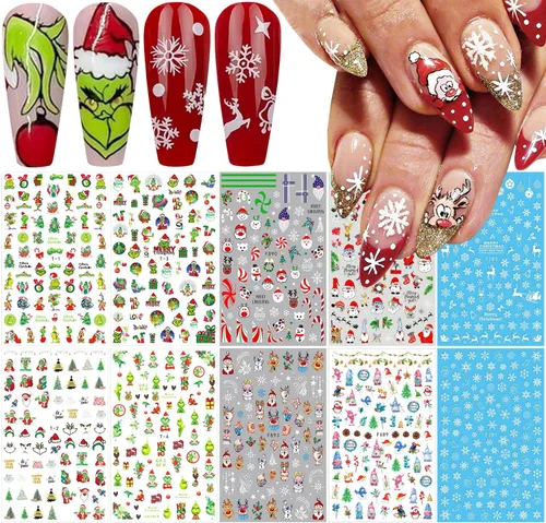 Vista 8 de 6 hojas de calcomanías de uñas de copo de nieve plateado con purpurina 3D, autoadhesivas, diseño de uñas de invierno, diseño de uñas de reno, copos