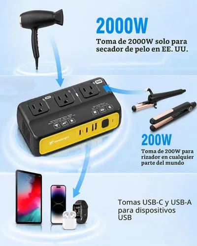 Vista 4 de Convertidor de corriente de 220 V a 110 V de la UE a EE. UU., Convertidor de voltaje de 2000 W para viajes por Europa, convertidor de corriente