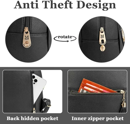 Vista 4 de Mini mochila antirrobo para mujer, bonita mochila escolar para adolescentes y niñas con cremallera segura y borla, Negro, Mochilas de viaje