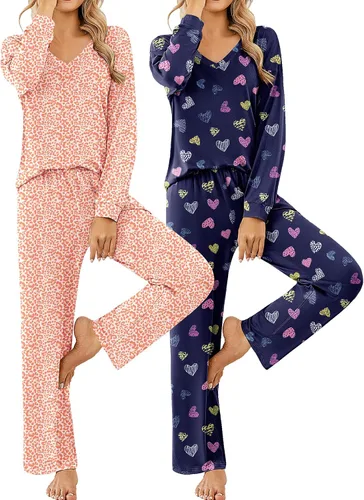 Vista 19 de Ekouaer Conjunto de 2 pijamas para mujer, pijamas de manga larga con camiseta y pantalones, cuello en V, pijamas suaves con bolsillos, ropa
