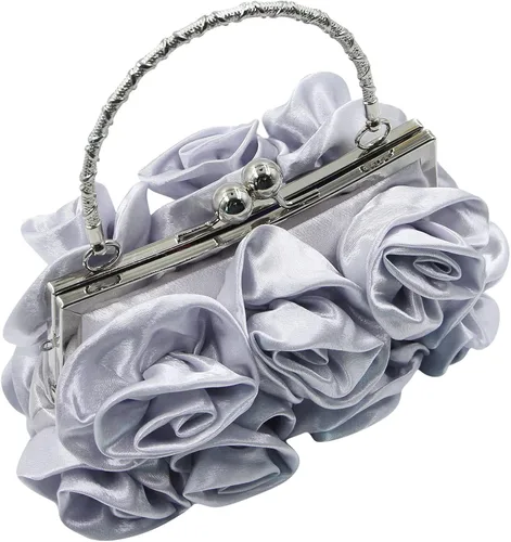 Vista 3 de RARITYUS Bolso de noche para mujer con forma de rosa de satén sedoso con elegante asa de metal para fiesta, boda