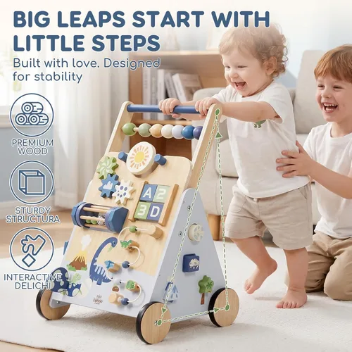 Vista 3 de Lehoo Castle Dinosaur Wooden Baby Walker, Adjustable Speed Baby Push Walker Blue