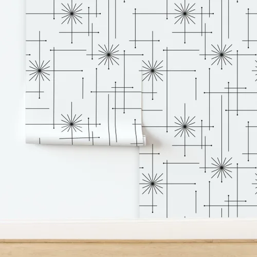 Vista 4 de Papel tapiz para despegar y pegar, diseño geométrico de mediados de siglo, moderno, negro, blanco, monocromático, minimalista, extraíble, por