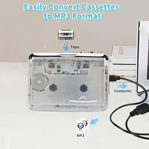Vista 2 de Reproductor de cassette retro con sonido envolvente estéreo y retroceso automático, auriculares con cancelación de ruido de 0.138 in