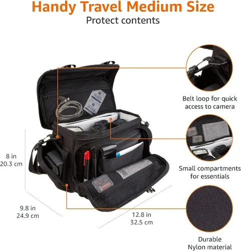 Vista 10 de Amazon Basics Bolsa grande para dispositivos DSLR, negra con interior gris