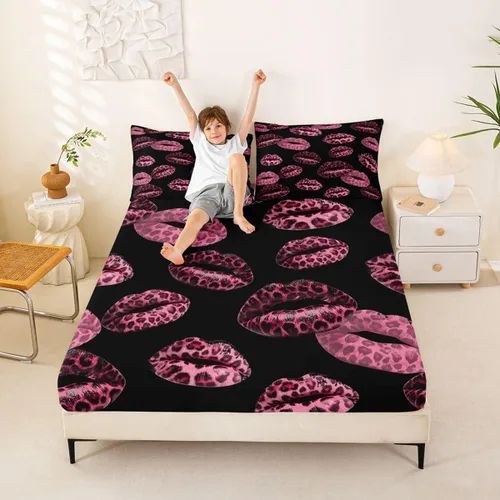 Vista 26 de Feelyou Leopard Print Lips Fitted Sheet Twin Size for Kids Boys Girls Cheetah Print Bed Sheets Set 16" Deep Pocket Soft Breathable Microfiber