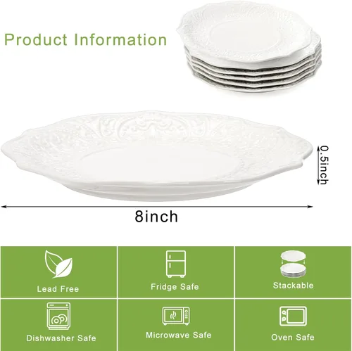 Vista 2 de SOUJOY Juego de 6 platos de ensalada, platos de porcelana de 8 pulgadas para servir postres, platos pequeños con impresión en relieve