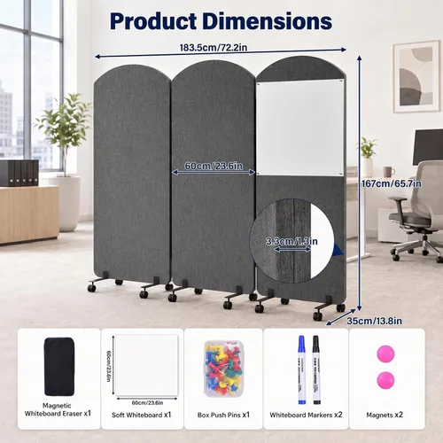Vista 3 de 3-Panel Portable Office Partition, Acoustic Wall Divider with whiteboard Gris Oscuro