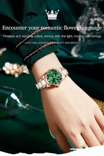Vista 2 de OLEVS Reloj de pulsera para mujer oro rosa elegante de cerámica para mujer de cuarzo acero inoxidable impermeable luminoso