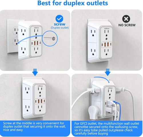 Vista 6 de JcBlaon Protector de sobretensiones extensor de salida, divisor de 6 salidas con 4 puertos USB (2 USB C), adaptador de pared de 4 lados 1050 J