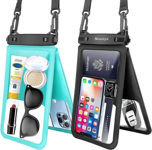 Vista 13 de Niveaya Bolsa impermeable para teléfono con doble espacio - 2 unidades, funda impermeable con cordón para iPhone 16/15/14/13/12 Pro Max hasta 8.3