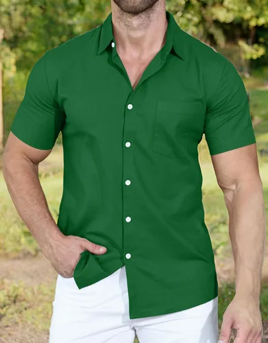 Vista 5 de YTD Camisa casual de lino con botones para hombre, camisa de playa de manga corta