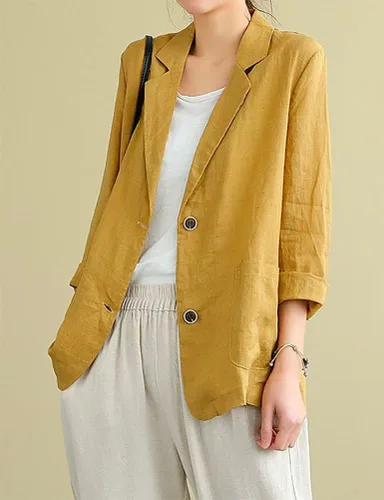 Vista 3 de IDEALSANXUN Blazer de lino de algodón para mujer, chaqueta casual suelta de manga larga