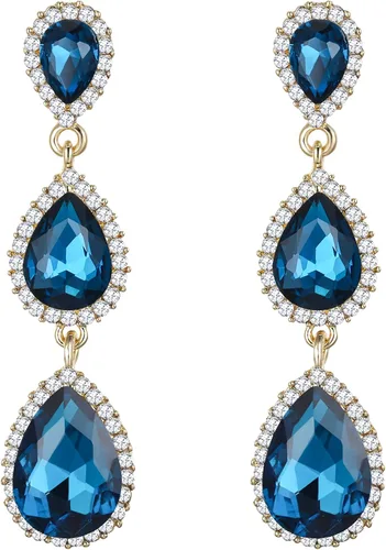 Vista 32 de EleQueen Pendientes de cristal austriaco en tono dorado para mujer, forma de pera de 2.5 pulgadas, color esmeralda
