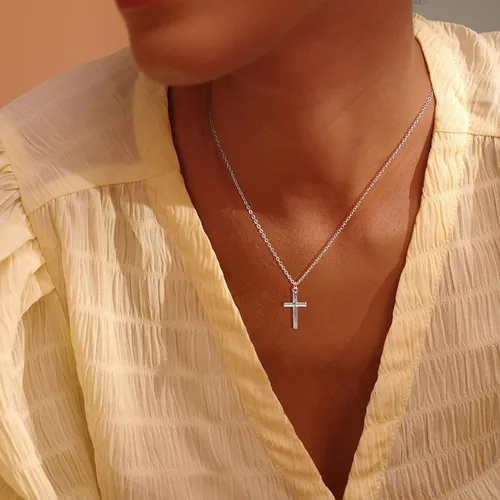 Vista 103 de Fettero - Collar con dije de cruz de fe, chapado en oro de 14 K, cadena fina, minimalista, simple, pequeña, para oración, regalo de joyería religiosa