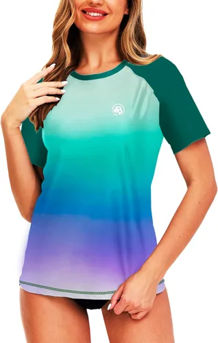 Vista 95 de AOBUTE Camisetas de natación de manga corta para mujer con protección solar degradada