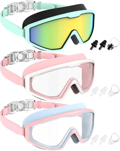 Vista 12 de NSSIW Gafas de natación para niños, antiniebla, sin fugas, con clip para la nariz, tapones para los oídos para niñas, niños y jóvenes, 6-14, paquete