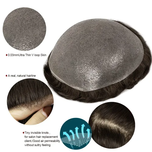 Vista 5 de Amiable toupee para hombres 0.001 in ultra suave piel fina para hombre, pieza de cabello humano real para hombres, sistema de reemplazo de cabello