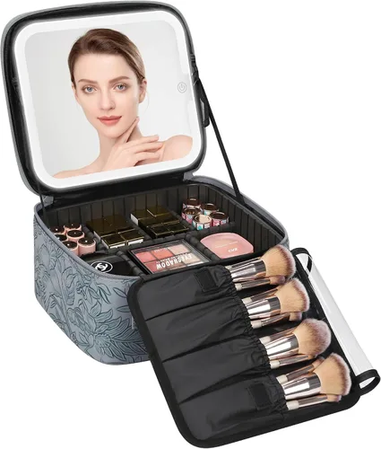 Vista 24 de Relavel Estuche de maquillaje con espejo LED, 01-Negro, Bolsa de maquillaje de viaje con espejo LED para niñas Compact Cosmetic Makeup Organizer