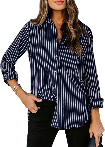 Vista 16 de Siliteelon - Camisas de botones para mujer, camisa de vestir a rayas de algodón, de manga larga, cuello con solapa, para oficina y trabajo