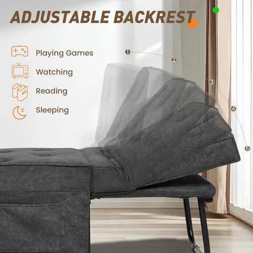 Vista 11 de Sofá Cama Convertible, Cama Otomana Plegable Multifunción 4 en 1 con Respaldo Ajustable, Moderna Silla Cama Extraíble para Sala de Estar Gris