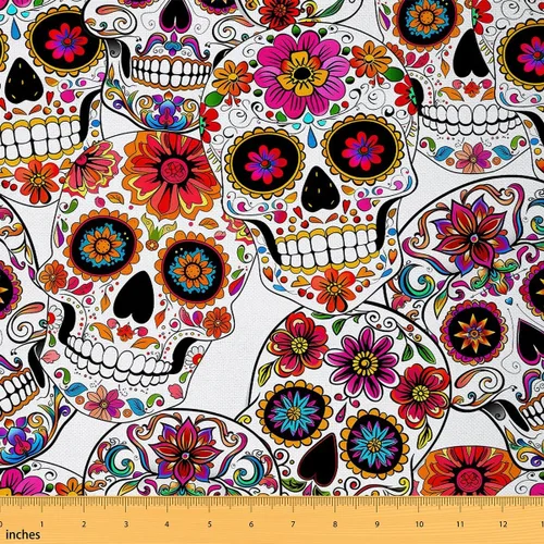 Vista 12 de The Yard - Tela de esqueleto de flores en acuarela para sillas, exótica, tribal, floral, estampado de calavera, tela de tapicería para artes, plumas
