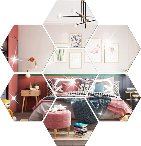 Vista 7 de Calcomanías de pared para bricolaje, juego de 12 calcomanías de espejo acrílico, calcomanías de pared de espejo hexagonal para decoración de sala