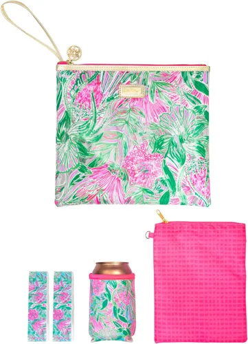 Vista 13 de Lilly Pulitzer Funda de vinilo resistente al agua para la playa, bolsa con cremallera incluye protector de bebidas, funda pequeña y clips para toalla
