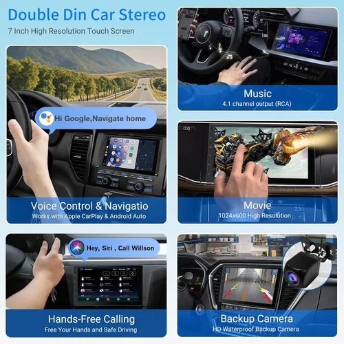 Vista 7 de Estéreo de coche Haudio, doble din, con pantalla táctil HD de 7 pulgadas CarPlay y Android Auto Cámara de respaldo Navegación GPS por