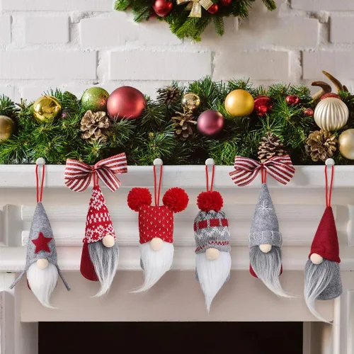 Vista 5 de D-FantiX Juego de 6 adornos de Navidad de gnomo, hechos a mano, gnomos suecos Tomte, adornos decorativos de felpa para colgar en el árbol