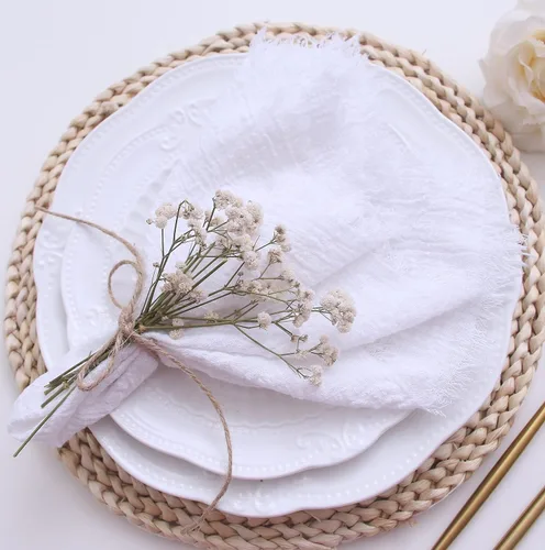 Vista 9 de Servilletas de tela con juego de 6 servilletas de gasa con flecos, 100% algodón natural suave, servilletas lavables, ideales para bodas