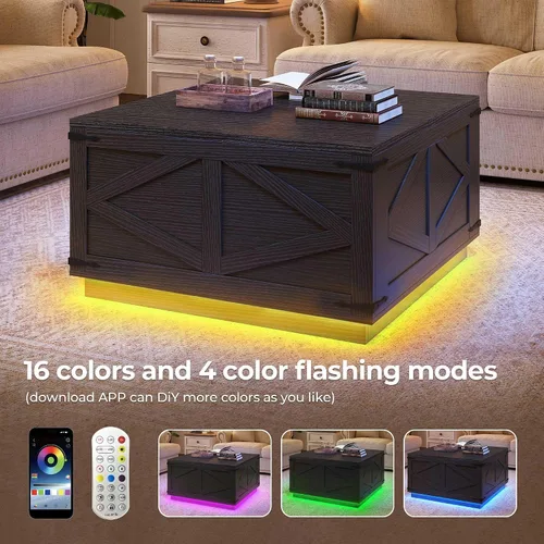Vista 3 de Jocoevol Mesa auxiliar con tapa elevable, mesa central cuadrada de madera con iluminación LED, estación de carga USB-C y compartimento