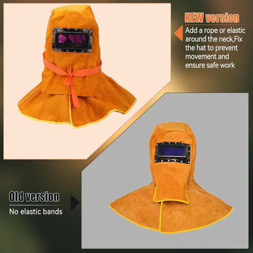 Vista 2 de Capucha de soldadura de piel de vaca mejorada con máscara de lente de filtro de oscurecimiento automático solar, casco de soldadura con protección