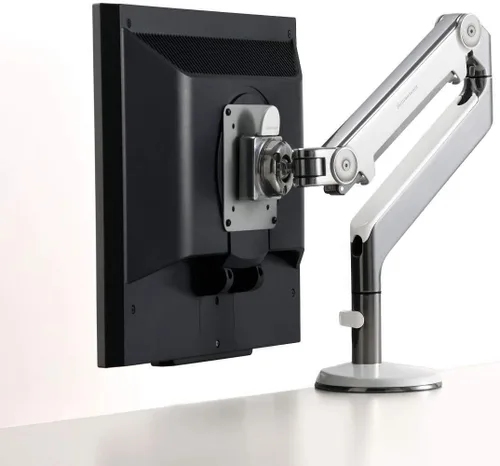 Vista 6 de Humanscale M2 M2CW1S Brazo articulado ajustable para monitor de computadora, abrazadera de dos piezas con base, aluminio pulido con ribete blanco