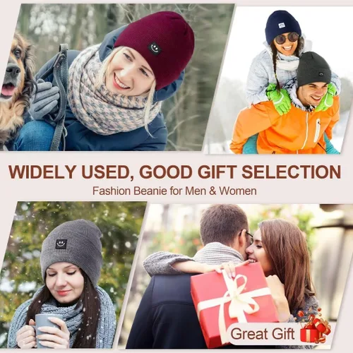 Vista 7 de Hispeka Gorro de punto con cara sonriente para mujeres y hombres, paquete de 3 gorros con puños para invierno, hombres, mujeres, adultos